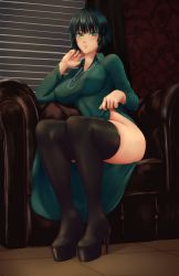 Rule 34 | 1girl, black dress, breasts, commentary request, covered collarbone, covered erect nipples, day, dress, earrings, fubuki (one-punch man), green eyes, hair between eyes, highres, jewelry, large breasts, long sleeves, looking at viewer, one-punch man, oppaiserothicc, parted lips, revision, short hair, sitting, solo, thick thighs, thighs, turtleneck, turtleneck dress, yub4