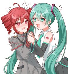 Rule 34 | 2girls, :d, @ @, absurdres, ahoge, aqua necktie, bare shoulders, black sleeves, blush, detached sleeves, drill hair, flying sweatdrops, green eyes, green hair, grey skirt, hair ornament, hair ribbon, hand grab, hatsune miku, highres, kasane teto, mirumiru (miru36i), multiple girls, necktie, notice lines, number tattoo, open mouth, own hands together, pleated skirt, red eyes, red hair, red nails, ribbon, simple background, skirt, smile, tattoo, trembling, twin drills, twintails, utau, vocaloid, white background, white ribbon