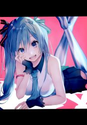 Rule 34 | 1girl, :d, absurdres, armlet, black ribbon, blue eyes, blue hair, blue necktie, blue skirt, breasts, collared shirt, hair between eyes, hair ribbon, hatsune miku, highres, letterboxed, long hair, looking at viewer, lying, medium breasts, miniskirt, necktie, on stomach, open mouth, pink background, pleated skirt, ribbon, shiomizu (swat), shirt, skirt, sleeveless, sleeveless shirt, smile, solo, striped clothes, striped thighhighs, the pose, thighhighs, twintails, vertical-striped clothes, vertical-striped thighhighs, very long hair, vocaloid, white shirt, wing collar