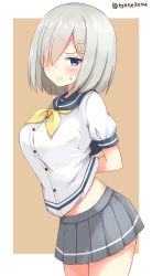 Rule 34 | 10s, 1girl, arm behind back, blue eyes, blush, breasts, brown background, chaa (korone-ze), closed mouth, embarrassed, from side, grey eyes, grey skirt, hair ornament, hair over one eye, hairclip, hamakaze (kancolle), highres, kantai collection, large breasts, looking at viewer, midriff, no legwear, outside border, pleated skirt, school uniform, serafuku, short hair, silver hair, skirt, solo, striped clothes, striped skirt, sweatdrop, twitter username