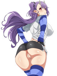 Rule 34 | 1girl, anus, ass, breasts, character request, cleft of venus, covered erect nipples, frown, hands on own hips, highres, horns, j.h., large breasts, looking back, no panties, purple hair, pussy, sin nanatsu no taizai, skirt, solo, thigh gap, white background