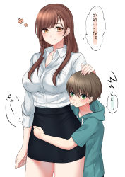 Rule 34 | 1boy, 1girl, absurdres, age difference, black skirt, blush, breast pocket, breasts, brown hair, child, closed mouth, collared shirt, cowboy shot, earrings, green eyes, green hoodie, hand on another&#039;s head, hetero, highres, hood, hood down, hoodie, hug, impossible clothes, jewelry, large breasts, looking at viewer, mature female, motion lines, onee-shota, original, pencil skirt, pocket, revision, shirt, shirt tucked in, simple background, size difference, skirt, speech bubble, standing, thought bubble, translation request, white background, white shirt, yuuki mero