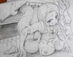 Rule 34 | 1girl, barefoot, breasts, feet, grin, leaning forward, low twintails, marbleslime, mimic, monochrome, monster girl, nipples, notebook, original, photo (medium), sharp teeth, sketch, smile, solo, teeth, toes, traditional media, twintails