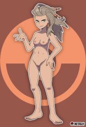 Rule 34 | 1girl, abs, absurdres, armpits, artist name, bangs pinned back, barefoot, blue eyes, breasts, collarbone, completely nude, cone hair bun, creatures (company), earrings, eyelashes, feet, female focus, fingernails, full body, game freak, groin, hair bun, hair ornament, hand on own hip, hand up, highres, jewelry, legs, light brown hair, lips, long hair, looking at viewer, looking to the side, mature female, medium breasts, messy hair, nail polish, navel, neck, nilterguy, nintendo, nipples, nude, nude filter, official art nude filter, orange background, orange nails, orange toenails, pendant, poke ball symbol, pokemon, pokemon sv, pussy, sada (pokemon), smile, spread fingers, standing, thighs, third-party edit, toenail polish, toenails, toes, uncensored, unworn clothes