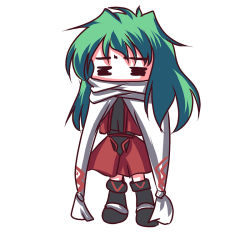 Rule 34 | 1girl, black footwear, chibi, closed eyes, dress, emerada (xenogears), fictional sister, full body, green hair, red dress, scarf, shoes, simple background, solo, standing, white scarf, xenogears