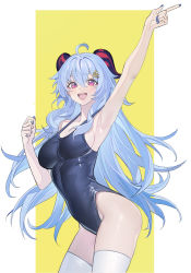 Rule 34 | 1girl, absurdres, bare hips, bare shoulders, blue hair, blue one-piece swimsuit, breasts, cheering, echj, ganyu (genshin impact), genshin impact, hair between eyes, highleg, highleg swimsuit, highres, horns, looking at viewer, nail polish, one-piece swimsuit, outside border, pink eyes, simple background, solo, swimsuit, thighhighs, thighs, white thighhighs, yellow background