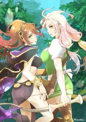 Rule 34 | 2girls, ass, bad id, bad twitter id, blonde hair, bow (weapon), bracelet, braid, breasts, brown hair, conupuni, dancer, dress, gloves, h&#039;aanit (octopath traveler), jewelry, long hair, looking at viewer, medium breasts, multiple girls, necklace, octopath traveler, octopath traveler i, open mouth, ponytail, primrose azelhart, simple background, smile, weapon