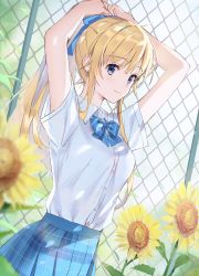 Rule 34 | 1girl, alternate hairstyle, arms up, blonde hair, blue bow, blue bowtie, blue eyes, blue ribbon, blue skirt, blurry, blurry foreground, bow, bowtie, breasts, chain-link fence, chitose-kun wa ramune bin no naka, closed mouth, cowboy shot, dress shirt, dutch angle, earrings, female focus, fence, flower, hair ornament, hair ribbon, highres, hiiragi yuuko, jewelry, long hair, looking at viewer, loose bowtie, medium breasts, official art, outdoors, plaid, plaid skirt, pleated skirt, ponytail, ribbon, school uniform, second-party source, shirt, shirt tucked in, short sleeves, sidelocks, skirt, smile, solo, striped bow, striped bowtie, striped clothes, striped neckwear, stud earrings, sunflower, tying hair, uniform, weee (raemz), white shirt