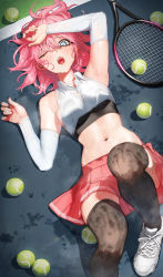 Rule 34 | 1girl, arm up, bare shoulders, blush, breasts, character request, check character, check copyright, commentary, copyright request, crop top, detached sleeves, fishnets, highres, knee up, lying, medium breasts, messy hair, navel, on back, one eye closed, open mouth, original, pink eyes, pink hair, pink skirt, pleated skirt, racket, shiny clothes, shoes, skirt, sneakers, solo, stomach, sweat, symbol-only commentary, tennis racket, thighhighs, tunamayo (dsasd751), white footwear, white sleeves