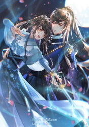 Rule 34 | 1boy, 1girl, :d, bai qi (love and producer), brown eyes, brown hair, chinese clothes, hair ornament, hair stick, holding hands, hand on another&#039;s waist, highres, long hair, love and producer, moon, night, open mouth, outdoors, petals, rabbitcamilla, smile, watermark