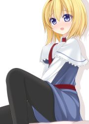 Rule 34 | 1girl, alice margatroid, bad id, bad pixiv id, black pantyhose, blonde hair, blue dress, blue eyes, blush, breasts, capelet, chimunge, dress, female focus, highres, large breasts, long sleeves, looking at viewer, necktie, open mouth, pantyhose, sash, short hair, sitting, smile, solo, touhou, v arms