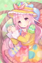 Rule 34 | 1girl, blunt bangs, blush, bow, caramel (caramelmilk), chestnut mouth, commentary request, dress, easter, easter egg, egg, frilled dress, frills, hands up, hat, hat ribbon, highres, in basket, juliet sleeves, long hair, long sleeves, lying, on side, original, parted lips, pink bow, pink hair, print dress, puffy sleeves, red eyes, ribbon, solo, very long hair, yellow dress, yellow hat