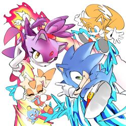 Rule 34 | 2boys, 2girls, animal ears, bad id, bad twitter id, blaze the cat, blue eyes, cat ears, cat girl, cat tail, cheese (sonic), clenched hand, cream the rabbit, dress, fire, forehead jewel, fox boy, furry, furry female, furry male, gloves, green eyes, highres, looking at viewer, multiple boys, multiple girls, orange dress, orange fur, pants, pink footwear, ponytail, purple fur, rabbit ears, rabbit girl, red footwear, simple background, smile, sonic (series), sonic rush, sonic the hedgehog, tail, tails (sonic), white background, white gloves, white pants, yellow eyes, yotte gg