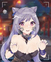Rule 34 | 1girl, black bow, blush, bow, bowtie, breasts, claw pose, collarbone, double bun, earrings, facial mark, genshin impact, hair bun, hair ornament, highres, jewelry, keqing (genshin impact), keqing (opulent splendor) (genshin impact), looking at viewer, medium breasts, nail polish, open mouth, planterak draws, purple eyes, purple hair, purple nails, smile, taking picture, twintails, upper body, watermark, whisker markings