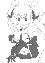 Rule 34 | 1girl, :p, bow, breasts, clothes pull, cowboy shot, elbow gloves, gloves, greyscale, hair bow, hermmy, kooh, long hair, monochrome, nipples, pangya, shirt pull, small breasts, solo, tongue, tongue out, twintails, white background