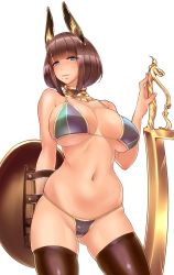 Rule 34 | 1girl, absurdres, animal ears, aqua eyes, arms behind back, bikini, black thighhighs, blue eyes, blush, breasts, brown hair, brown thighhighs, cowboy shot, fox ears, highres, holding, holding sword, holding weapon, jewelry, large breasts, mole, mole under mouth, multicolored bikini, multicolored clothes, navel, open mouth, original, shield, short hair, simple background, solo, swimsuit, sword, thighhighs, tori kaku, weapon, white background, wide hips