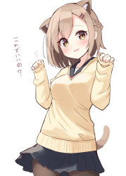 Rule 34 | 1girl, animal ear fluff, animal ears, black sailor collar, black skirt, blush, braid, breasts, brown eyes, brown hair, brown pantyhose, cat ears, cat girl, cat tail, flying sweatdrops, hair ornament, hairclip, hands up, highres, long sleeves, looking at viewer, medium breasts, ominaeshi (takenoko), open mouth, original, pantyhose, pinching sleeves, pleated skirt, sailor collar, school uniform, simple background, skirt, sleeves past wrists, solo, sweater vest, tail, translation request, white background