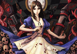 Rule 34 | 1girl, alice: madness returns, alice (alice in wonderland), alice in wonderland, alice liddell (american mcgee&#039;s alice), american mcgee&#039;s alice, apron, black hair, blood, breasts, closed mouth, dress, green eyes, jewelry, jupiter symbol, knife, long hair, looking at viewer, medium breasts, natsume k, necklace