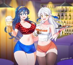 Rule 34 | 2girls, :d, absurdres, alternate breast size, alternate costume, alternate legwear, bar (place), beer mug, black thighhighs, blue eyes, blue hair, blue shorts, breasts, cleavage, commentary request, cowboy shot, crop top, cup, fire emblem, fire emblem: radiant dawn, fire emblem awakening, hair between eyes, highres, holding, holding tray, hooters, indoors, jarckius, large breasts, long hair, looking at viewer, lucina (fire emblem), micaiah (fire emblem), midriff, mug, multiple girls, navel, nintendo, open mouth, orange shorts, plaid, plaid shirt, red shirt, shirt, short shorts, short sleeves, shorts, smile, standing, stomach, tank top, thighhighs, thighs, tiara, tray, twin peaks (restaurant), very long hair, white hair, white tank top, yellow eyes