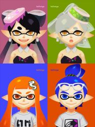 Rule 34 | 1boy, 3girls, anniversary, arrow print, bare shoulders, bellhenge, black dress, black hair, black sleeves, blue background, blue eyes, blue hair, bow, callie (splatoon), closed mouth, collar, commentary, cousins, cup on head, deviantart username, dress, english commentary, eyelashes, eyewear on head, food, food-themed hair ornament, frown, glasses, green background, hair bow, hair ornament, hairclip, inkling, inkling boy, inkling girl, inkling player character, layered sleeves, logo hair ornament, long hair, long sleeves, marie (splatoon), mole, mole under eye, multiple girls, nintendo, open mouth, orange background, orange eyes, orange hair, pink background, pointy ears, sharp teeth, shirt, short hair, short over long sleeves, short ponytail, short sleeves, silver earrings, sleeveless, sleeveless dress, smile, splatoon (series), splatoon 1, sushi, t-shirt, teeth, tentacle hair, thick eyebrows, twintails, upper body, white-framed eyewear, white collar, white hair, white shirt, yellow eyes