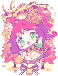 Rule 34 | 1girl, animal ear fluff, animal ears, apple, apple slice, autumn, autumn leaves, bell, blush stickers, border, bow, braid, brown bow, brown dress, brown scarf, chibi, clenched hands, cloud, commentary, dress, ear covers, fang, fist pump, food, food-themed tattoo, fox ears, fox girl, fox tail, fruit, fur trim, green eyes, green shirt, green sleeves, long hair, long sleeves, looking at viewer, low twin braids, open mouth, orange sky, original, outdoors, pixel art, plaid, plaid bow, plaid scarf, red hair, scarf, shirt, short dress, single ear cover, sky, sleeveless, sleeveless dress, smile, socks, solo, symbol-only commentary, tail, tree, twin braids, uki (ukierr), v-shaped eyebrows, white border, white socks