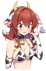Rule 34 | 1girl, ahoge, animal ears, animal print, arashi (kancolle), artist name, bikini, bikini top only, breasts, commentary request, cow ears, cow horns, cow print, dated, elbow gloves, fake animal ears, fake horns, gloves, grey eyes, horns, kantai collection, medium hair, odawara hakone, one-hour drawing challenge, red hair, simple background, small breasts, solo, swimsuit, white background, white bikini, white gloves