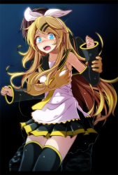 Rule 34 | 1boy, 1girl, aged up, alternate hair length, alternate hairstyle, annoyed, armpits, bad id, bad pixiv id, black skirt, black thighhighs, blonde hair, blue eyes, blush, bow, grabbing another&#039;s breast, breasts, brown hair, detached sleeves, floating hair, future style (module), grabbing, gradient background, hair bow, hair ornament, hairband, hetero, holding another&#039;s wrist, kagamine rin, long hair, miniskirt, molestation, necktie, open mouth, parted bangs, pillarboxed, pleated skirt, project diva (series), shirt, skirt, sleeveless, small breasts, surprised, tears, thighhighs, tsukishiro saika, very long hair, vocaloid, white bow, white hairband, white shirt, yellow neckwear, zettai ryouiki