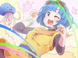 1girl 1other ;d blue_eyes blue_hair blunt_bangs bob_cut bracelet commentary_request dragon_quest dragon_quest_x floating_clothes goggles goggles_on_head healslime highres icorasama jewelry looking_at_viewer neckerchief one_eye_closed open_mouth orange_neckerchief paw_pose seraphy_(dq10) short_hair smile tunic yellow_tunic