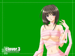 Rule 34 | 1girl, areola slip, artist name, black hair, blush, breasts, clover, clover (game cg), collarbone, copyright name, green background, highres, lipstick, looking at viewer, makeup, nail polish, naked ribbon, navel, nishimata aoi, parted lips, pink ribbon, purple eyes, red nails, ribbon, short hair, simple background, smile, solo, underboob, wallpaper