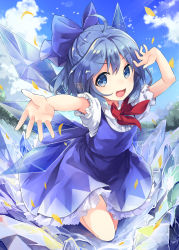 Rule 34 | 1girl, ahoge, blue bow, blue eyes, blue hair, blue skirt, bow, bowtie, cirno, cloud, cloudy sky, day, ears visible through hair, full body, hair bow, highres, ice, ice wings, kedama milk, looking at viewer, open mouth, outdoors, outstretched arm, pointy ears, puffy short sleeves, puffy sleeves, red bow, red bowtie, short hair, short sleeves, skirt, sky, smile, solo, summer, touhou, vest, water, wings