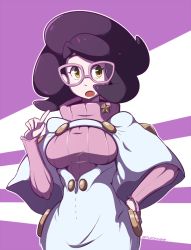 Rule 34 | 1girl, artist name, arturoware, badge, big hair, breasts, capelet, cowboy shot, creatures (company), game freak, glasses, green eyes, hand on own hip, hand up, high-waist skirt, high collar, hip focus, index finger raised, large breasts, long sleeves, looking at viewer, medium hair, nintendo, open mouth, outline, pink-framed eyewear, pink sweater, pokemon, pokemon sm, purple background, purple hair, ribbed sweater, skirt, slit pupils, solo, star (symbol), sweater, taut clothes, taut sweater, turtleneck, turtleneck sweater, white background, white capelet, white outline, white skirt, wicke (pokemon), wide hips