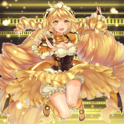Rule 34 | 1girl, antenna hair, armor, big hair, blonde hair, bloomers, boots, bow, breasts, bridal gauntlets, cleavage, dress, drill hair, frills, fusion, large breasts, light particles, long hair, solo, suika01, underwear, very long hair, vividred operation, vividyellow, yellow eyes