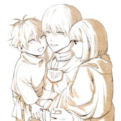 Rule 34 | 1girl, 2boys, aged down, cape, carrying, carrying person, chamwa, child, commentary request, fern (sousou no frieren), himmel (sousou no frieren), long sleeves, looking at viewer, monochrome, multiple boys, parted lips, robe, sepia, shirt, short hair, simple background, smile, sousou no frieren, stark (sousou no frieren), white background