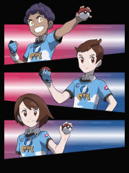 Rule 34 | 1girl, 2boys, absurdres, alternate costume, blue shirt, brown hair, clenched hand, closed mouth, collared shirt, commentary request, creatures (company), game freak, gloria (pokemon), gloves, grin, hand up, highres, holding, holding poke ball, hop (pokemon), korean commentary, looking at viewer, multiple boys, nintendo, outstretched arm, partially fingerless gloves, poke ball, poke ball (basic), pokemon, pokemon swsh, purple hair, redlhzz, shirt, short hair, short sleeves, single glove, smile, split mouth, teeth, victor (pokemon)