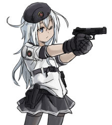 Rule 34 | 10s, 1girl, :/, adapted costume, aiming, alternate costume, black gloves, blue eyes, ergot, faux traditional media, finger on trigger, gloves, gun, handgun, hat, hibiki (kancolle), highres, holding, holding gun, holding weapon, kantai collection, long hair, mp-443 grach, one eye closed, pantyhose, pdw-caliber pistol, school uniform, serafuku, simple background, sketch, sleeves rolled up, solo, star (symbol), thighhighs, verniy (kancolle), weapon, white background, white hair, wink