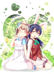 Rule 34 | 2girls, animal ears, artist request, back-to-back, blue hair, blue ribbon, blush, closed mouth, commentary request, finger to mouth, green ribbon, grey hair, hair between eyes, heart, highres, korekara no someday, long hair, long sleeves, looking at viewer, love live!, love live! school idol project, minami kotori, multiple girls, one side up, open mouth, puffy shorts, rabbit ears, ribbon, seiza, shorts, sitting, smile, sonoda umi, yellow eyes