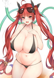 Rule 34 | 1girl, absurdres, ahoge, azur lane, bare shoulders, bikini, black bikini, black ribbon, blush, breasts, chixiao, cleavage, collarbone, eyewear on head, frown, hair ribbon, hand on own hip, hand on own chest, highres, honolulu (azur lane), honolulu (summer accident?!) (azur lane), hose, huge breasts, long hair, looking at viewer, navel, open mouth, red eyes, red hair, ribbon, simple background, solo, sunglasses, sunglasses on head, swimsuit, twintails, very long hair, water, white background, wide hips