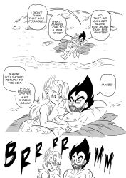 Rule 34 | 1boy, 1girl, aftersex, black hair, breast press, breasts, bulma, comic, commentary, dragon ball, dragonball z, english text, facial hair, fins, fish tail, funsexydb, greyscale, highres, large breasts, long hair, mermaid, monochrome, monster girl, muscular, muscular male, palm leaf, scales, sound effects, spiked hair, stubble, tail, topless, topless male, vegeta