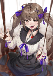 Rule 34 | 1girl, bad id, bad pixiv id, black skirt, blouse, breasts, brown eyes, brown hair, chocolate, commentary request, highres, kabu (niniko2ko), large breasts, long hair, looking at viewer, sharp teeth, shirt, skirt, solo, teeth, twintails, valentine, white shirt