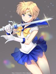 Rule 34 | 1girl, bad id, bad pixiv id, bishoujo senshi sailor moon, blonde hair, blue bow, blue eyes, blue sailor collar, blue skirt, bow, brooch, circlet, closed mouth, cowboy shot, earrings, gloves, grey background, holding, holding sword, holding weapon, hoop earrings, jewelry, magical girl, pleated skirt, sailor collar, sailor uranus, short hair, skirt, smile, solo, space sword, sword, ten&#039;ou haruka, tiara, trianon, twitter username, watermark, weapon, web address, white gloves, yellow bow