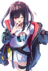 Rule 34 | +++, 1girl, ;d, arknights, belt, black coat, black hair, blush, closure (arknights), coat, cropped legs, dress, hand up, highres, laughing, long hair, long sleeves, looking at viewer, one eye closed, open clothes, open coat, open mouth, red eyes, simple background, smile, solo, takashima shoa, thigh strap, two side up, white background, white dress