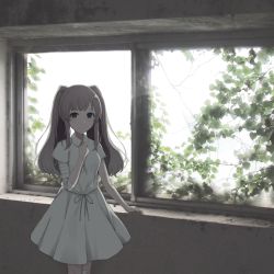 Rule 34 | 1girl, bandaged arm, bandages, blush, breasts, broken glass, broken window, brown hair, closed mouth, collared dress, commentary request, day, dress, glass, grey eyes, hand up, highres, idolmaster, idolmaster shiny colors, indoors, long hair, looking at viewer, nether melody, short sleeves, small breasts, smile, solo, standing, twintails, white dress, window, yukoku kiriko