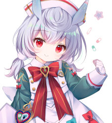Rule 34 | 1girl, bow, closed mouth, collared dress, commentary request, dress, genshin impact, gloves, green shirt, grey hair, hair between eyes, hand up, hat, heart, long hair, long sleeves, looking at viewer, low twintails, nurse cap, puffy long sleeves, puffy sleeves, red bow, red eyes, shirogane hina, shirt, sigewinne (genshin impact), sleeveless, sleeveless dress, sleeves past wrists, smile, solo, striped, striped bow, twintails, white dress, white gloves, white hat