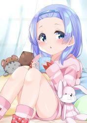 Rule 34 | 1girl, absurdres, animal, bangs pinned back, bed sheet, blue eyes, blue hair, blue hairband, blush, cacao (chocolat), cat, cat hair ornament, commentary request, cosplay, cup, curtains, forehead, hair ornament, hairband, highres, holding, holding cup, hood, hood down, hooded jacket, jacket, knees up, long hair, long sleeves, morinaka kazaki, morinaka kazaki (cosplay), mug, nijisanji, parted bangs, parted lips, pillow, pink shorts, short shorts, shorts, sleeves past wrists, socks, solo, striped clothes, striped jacket, striped socks, stuffed animal, stuffed rabbit, stuffed toy, transparent, virtual youtuber, window, yuuki chihiro