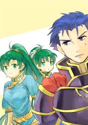 Rule 34 | 1boy, 2girls, armor, blue armor, blue hair, breasts, fire emblem, fire emblem: the blazing blade, fire emblem heroes, green eyes, green hair, hector (fire emblem), high ponytail, highres, hukashin, large breasts, looking at another, lyn (brave lady) (fire emblem), lyn (fire emblem), multiple girls, nintendo