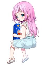 Rule 34 | 1girl, aged down, bendy straw, blue eyes, blue skirt, blush, closed mouth, drinking straw, frilled skirt, frills, from behind, full body, holding, long hair, looking at viewer, looking back, milk carton, nijisanji, pink hair, pleated skirt, sandals, see-through, shirt, shoe soles, simple background, sitting, skirt, solo, very long hair, virtual youtuber, white background, white footwear, white shirt, yamabukiiro, yuuhi riri, yuuhi riri (2nd costume)