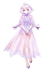 Rule 34 | 1girl, ahoge, braid, breasts, closed mouth, dress, flower, full body, hair flower, hair ornament, highres, long hair, looking at viewer, own hands together, pink flower, purple dress, purple eyes, purple footwear, purple hair, see-through, shoes, short sleeves, simple background, small breasts, solo, standing, standing on one leg, very long hair, voiceroid, white background, wide sleeves, yodare (3yami8), yuzuki yukari