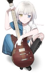 Rule 34 | 1girl, a shi kake, bang dream!, bang dream! it&#039;s mygo!!!!!, black footwear, blue dress, blue eyes, boots, closed mouth, commentary request, dress, electric guitar, fishnet thighhighs, fishnets, guitar, heterochromia, highres, holding, holding guitar, holding instrument, instrument, kaname raana, knee boots, medium hair, shirt, short sleeves, simple background, smile, solo, thighhighs, white background, white hair, white shirt, yellow eyes