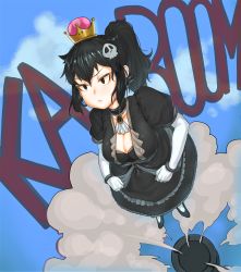 Rule 34 | &gt;:(, 1girl, absurdres, bangle, bill blaster, black bra, black choker, black dress, black eyes, black footwear, black hair, blue sky, bra, bracelet, breasts, cannon, center opening, choker, cleavage, clenched hands, closed mouth, cloud, commentary, crown, day, dress, earrings, elbow gloves, flying, gloves, hair between eyes, hair flaps, hair ornament, half-closed eyes, high ponytail, highres, jewelry, large breasts, long hair, looking ahead, looking away, mario (series), mini crown, new super mario bros. u deluxe, nintendo, outdoors, ponytail, princess bullet bill, puffy short sleeves, puffy sleeves, shoes, short sleeves, sidelocks, skull hair ornament, sky, solo, sound effects, super crown, underwear, v-shaped eyebrows, white gloves, white neckwear, yanuk