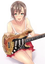 Rule 34 | 10s, 1girl, breasts, brown hair, cleavage, electric guitar, green eyes, guitar, idolmaster, idolmaster cinderella girls, instrument, open mouth, red skirt, short hair, skirt, smile, solo, fender stratocaster, tada riina, takeda seiji, tank top, white background